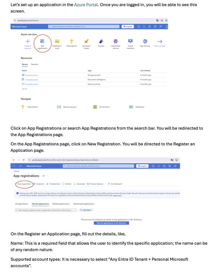 Step 1 of the Microsoft 365 setup in Azure with App registrations and New registration